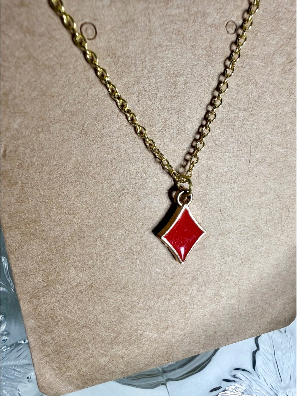 Gold Tone Chain Necklace with Red Diamond-Shaped Pendant